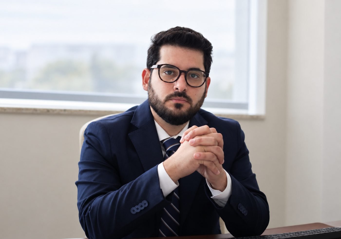Arnon Amorim, advogado, sentado à mesa de trabalho no escritório, de terno azul-marinho e óculos